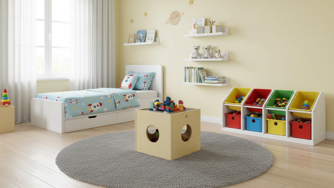 A Montessori toddler activity table with toy storage, building blocks, and a space-saving pet-friendly design