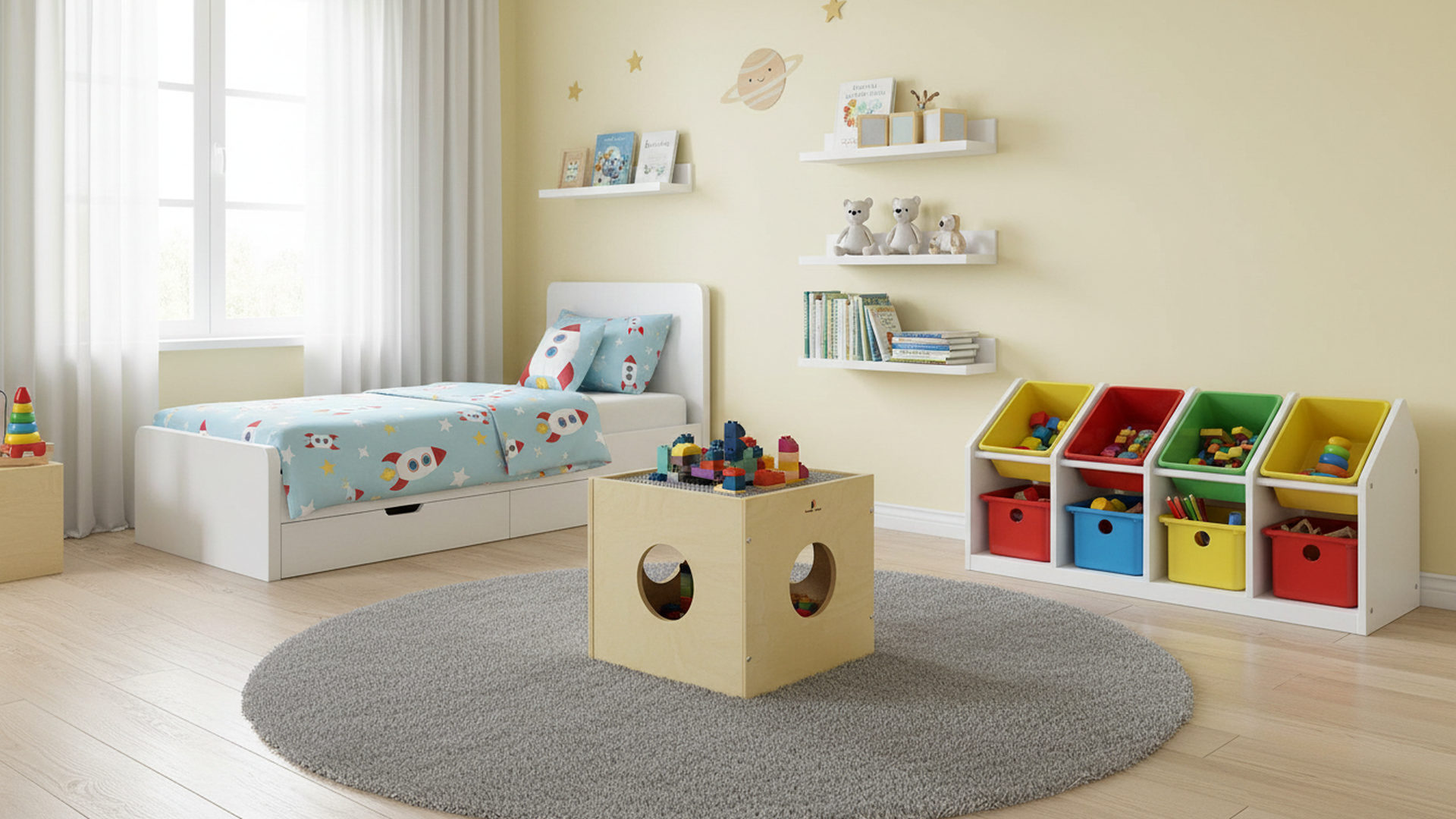 A Montessori toddler activity table with toy storage, building blocks, and a space-saving pet-friendly design