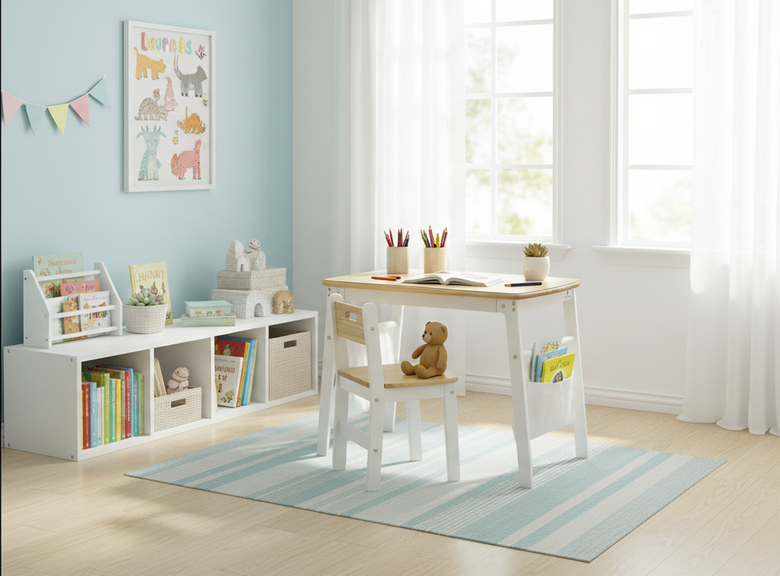 A bright, airy playroom featuring the Damoch Family kids desk and chair set, consisting of a white wooden desk with a natural wood top and a matching chair.