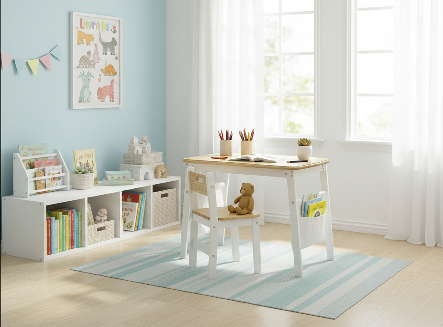 A bright, airy playroom featuring the Damoch Family kids desk and chair set, consisting of a white wooden desk with a natural wood top and a matching chair.