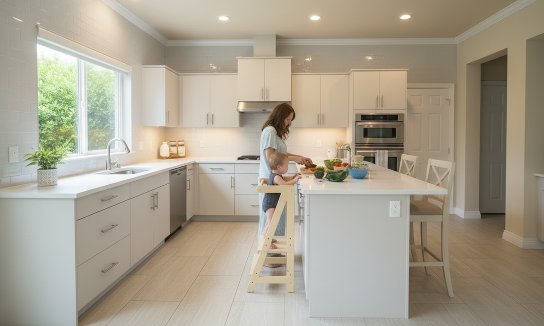 A woman and a toddler prepare vegetables together in a bright, modern kitchen, with the child safely elevated to counter height using a light-colored wood Damoch Family adjustable kitchen step stool.