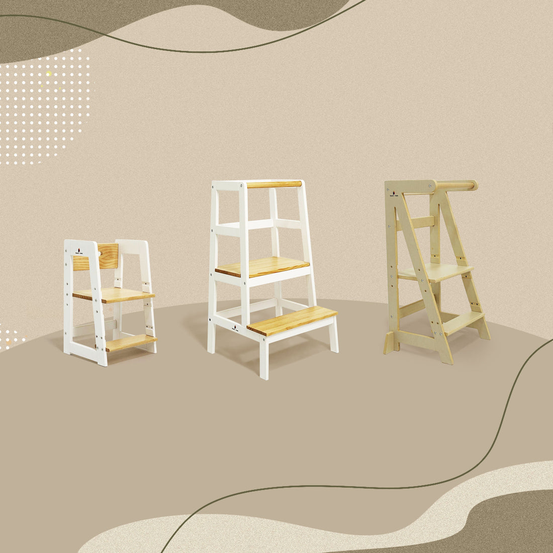 Comparison of 3 step stools showing different heights and safety guardrail designs for toddlers and kids.