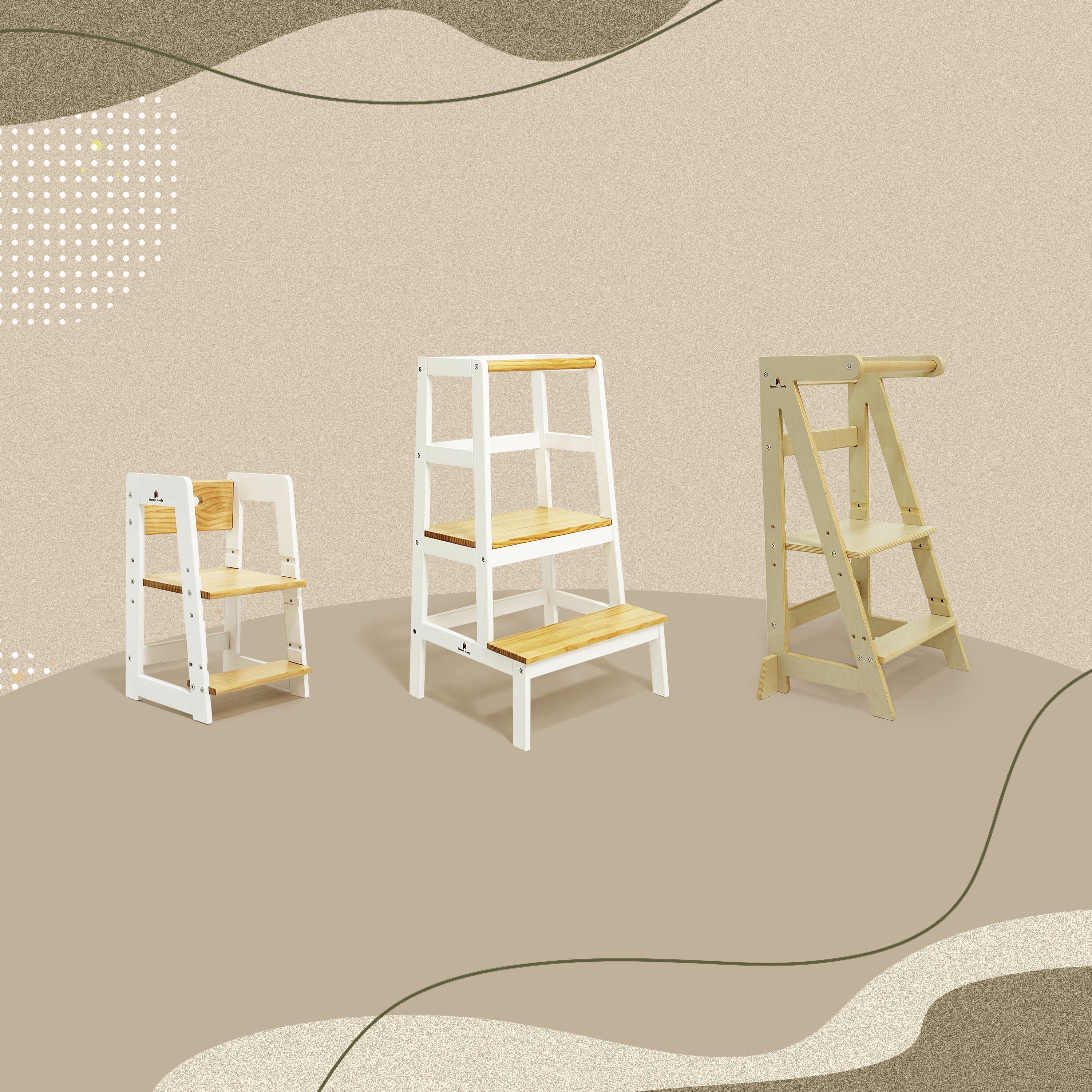 Comparison of 3 step stools showing different heights and safety guardrail designs for toddlers and kids.