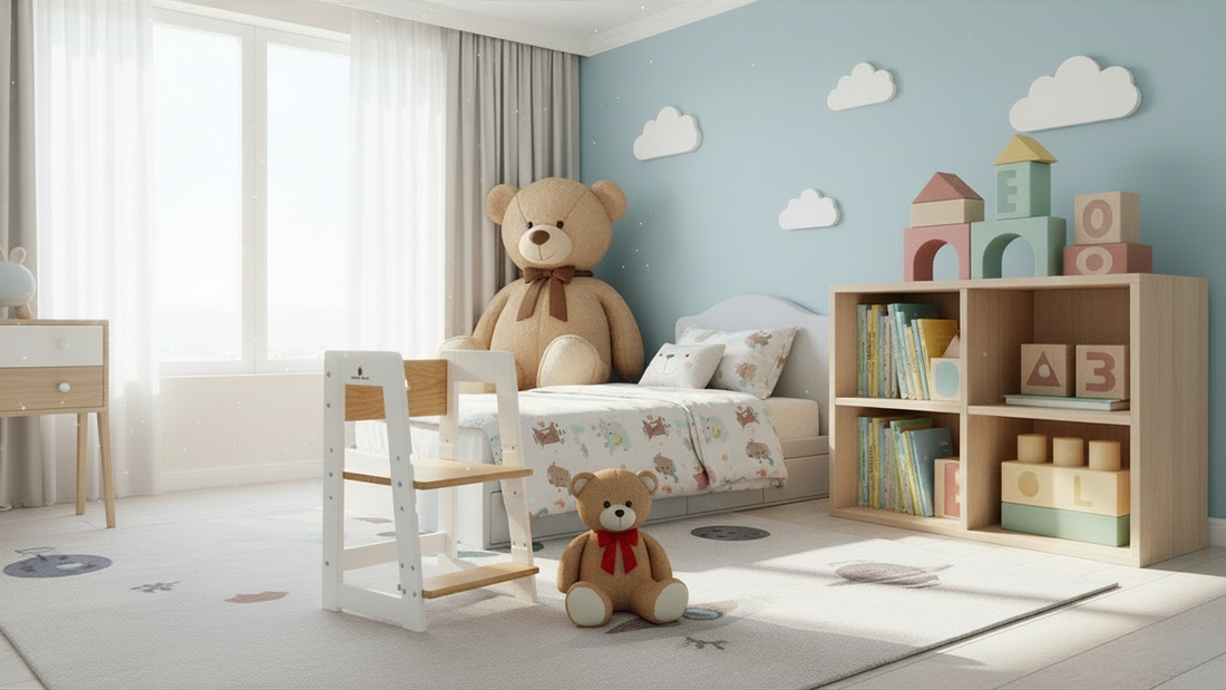 a toddler step stool and weaning chair made of New Zealand pine wood for daily activities