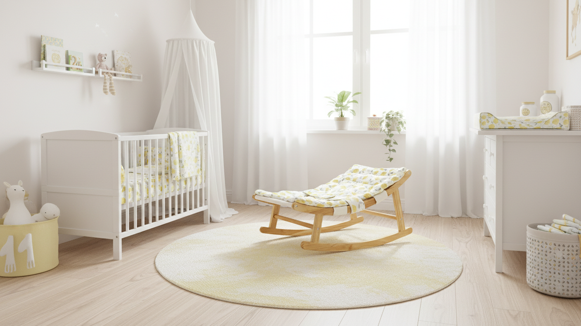  A serene, sunlit nursery featuring the Damoch Family baby rocker, a wooden rocker with a yellow and white patterned cushion, centered on a round yellow rug. 
