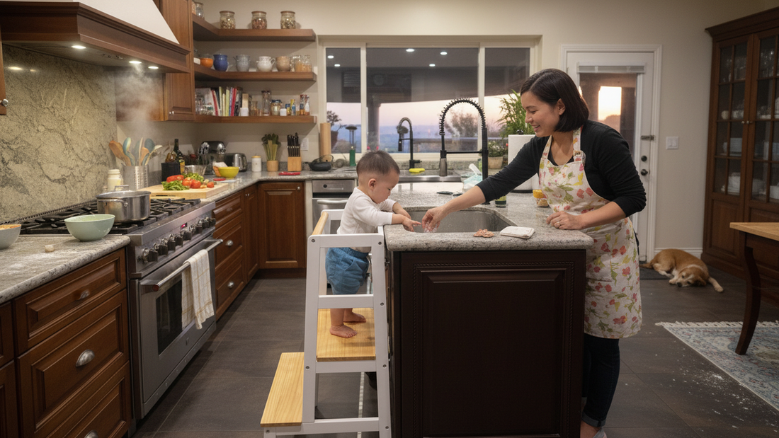 Toddler standing safely on Damcoh Family MOORE Kitchen Standing Tower, washing at kitchen counter, promoting family interaction and shared activities.