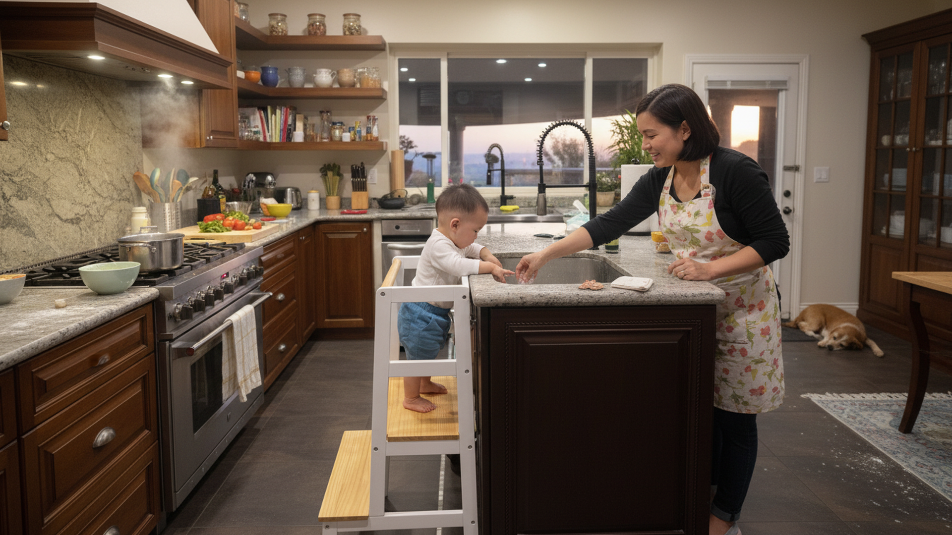 Toddler standing safely on Damcoh Family MOORE Kitchen Standing Tower, washing at kitchen counter, promoting family interaction and shared activities.