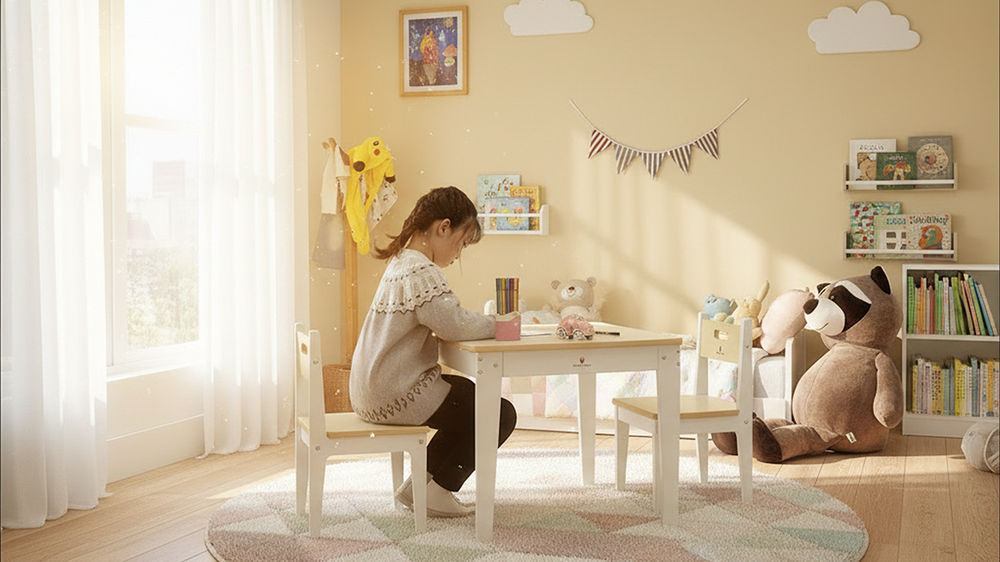 Little girl sitting at the Damoch Family wooden kids table and chair set drawing in a cozy Montessori-inspired playroom