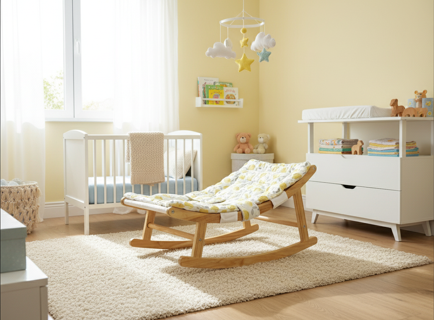 A modern, sunlit nursery features a Damoch Family baby rocker with a natural wood frame and patterned yellow cushion, centered on a plush rug.