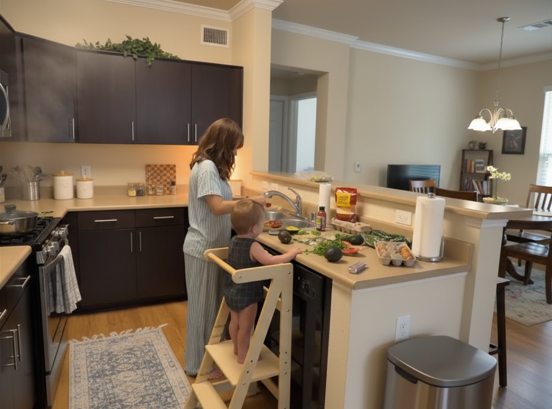 A mother prepares food in the kitchen while a young child safely stands beside the counter on a Damoch Family toddler kitchen tower, helping with cooking activities.