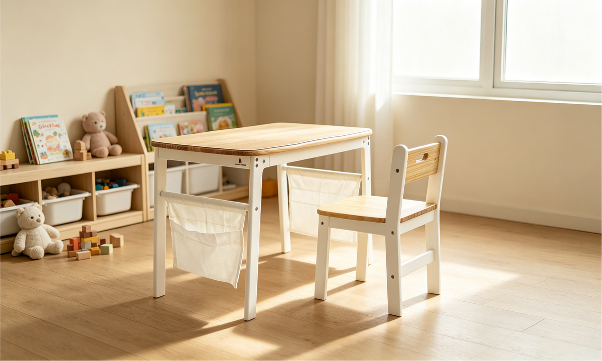 Montessori desk with PVC mat and template pocket holding a visual daily schedule for kindergarten readiness at home