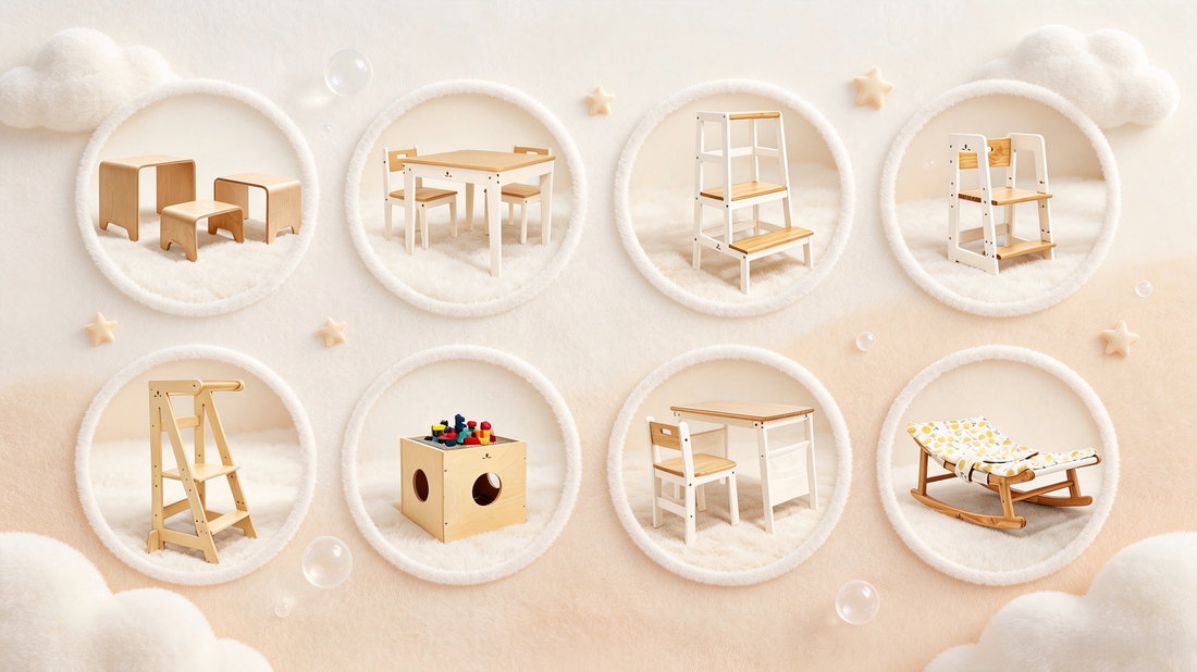 Damoch Family Montessori wooden kids furniture collection - stools, tables, and play cubes