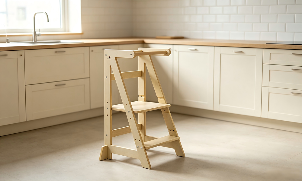Adjustable wooden learning tower with wide base, high side rails, multiple height settings on kitchen counter.