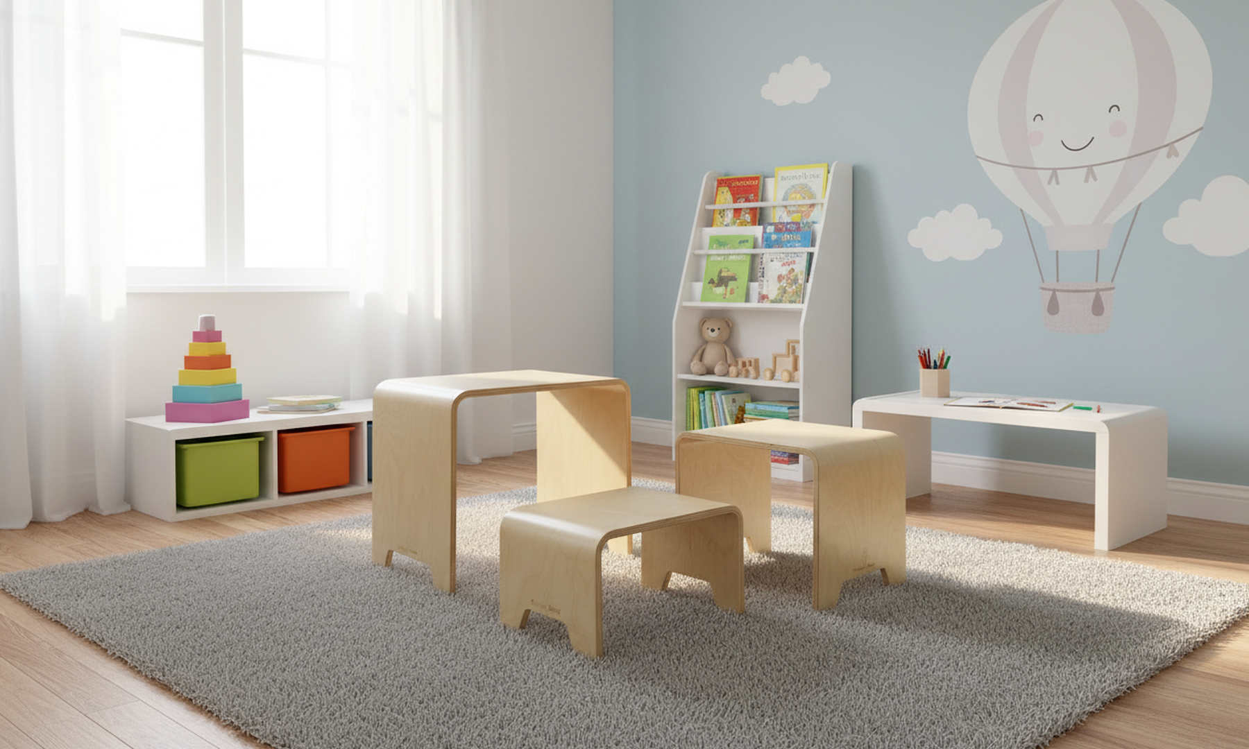 Multi-functional wooden stackable stool set in a kids play room