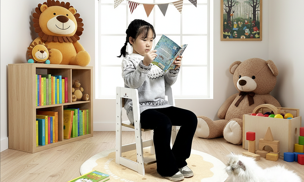 A little girl sitting quietly on the Damoch Family 2-in-1 Toddler Step Stool and Weaning Chair, reading a book, three-sided guardrails provide safety and support.