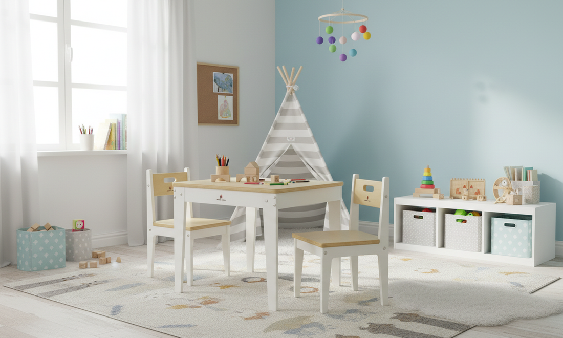 Montessori wooden kids table and chair set in a bright playroom with children painting and reading