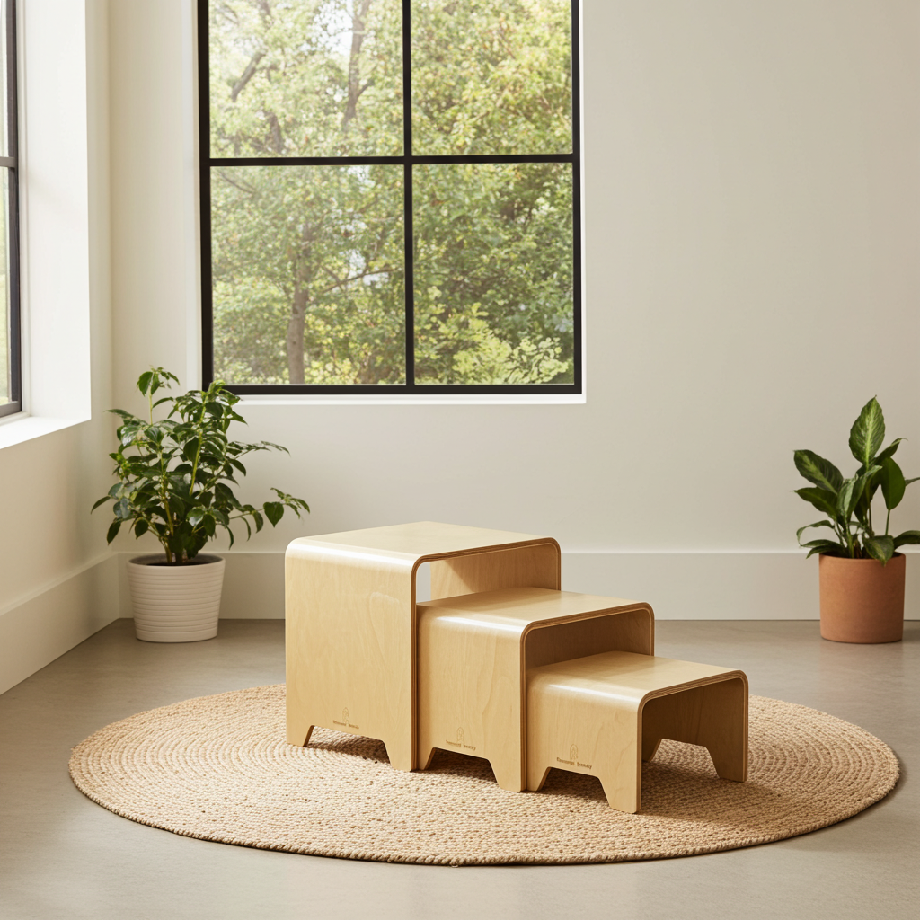 Three nesting wooden stools stacked together – large, medium, small. Montessori-inspired 3-in-1 set.
