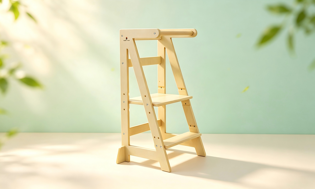 Damoch EIFFEL adjustable wooden toddler kitchen tower with safety rails on kitchen counter for child cooking