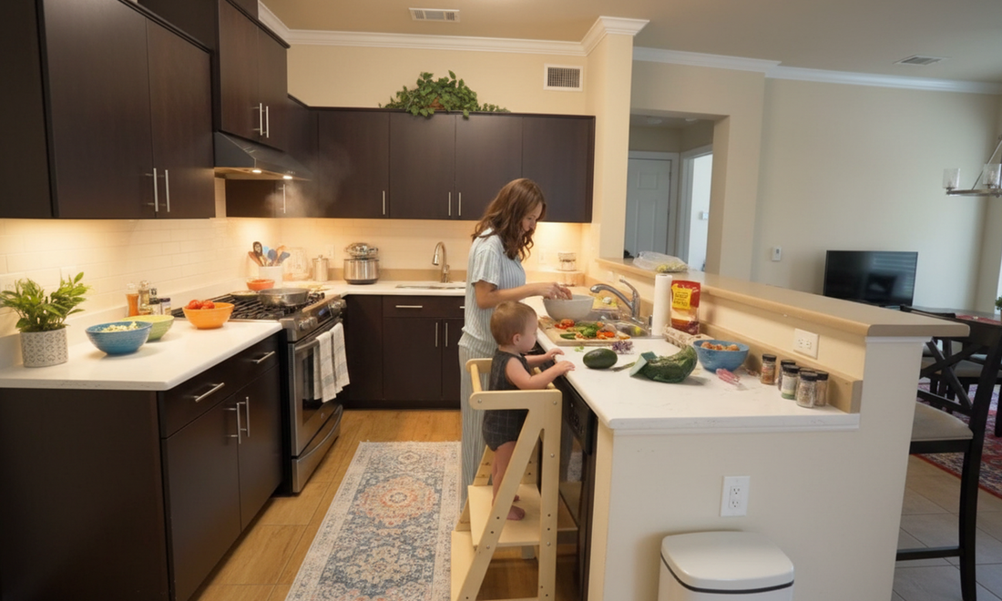 Toddler standing on Damoch Family safe kitchen step stool, helping mom prepare meals at counter.