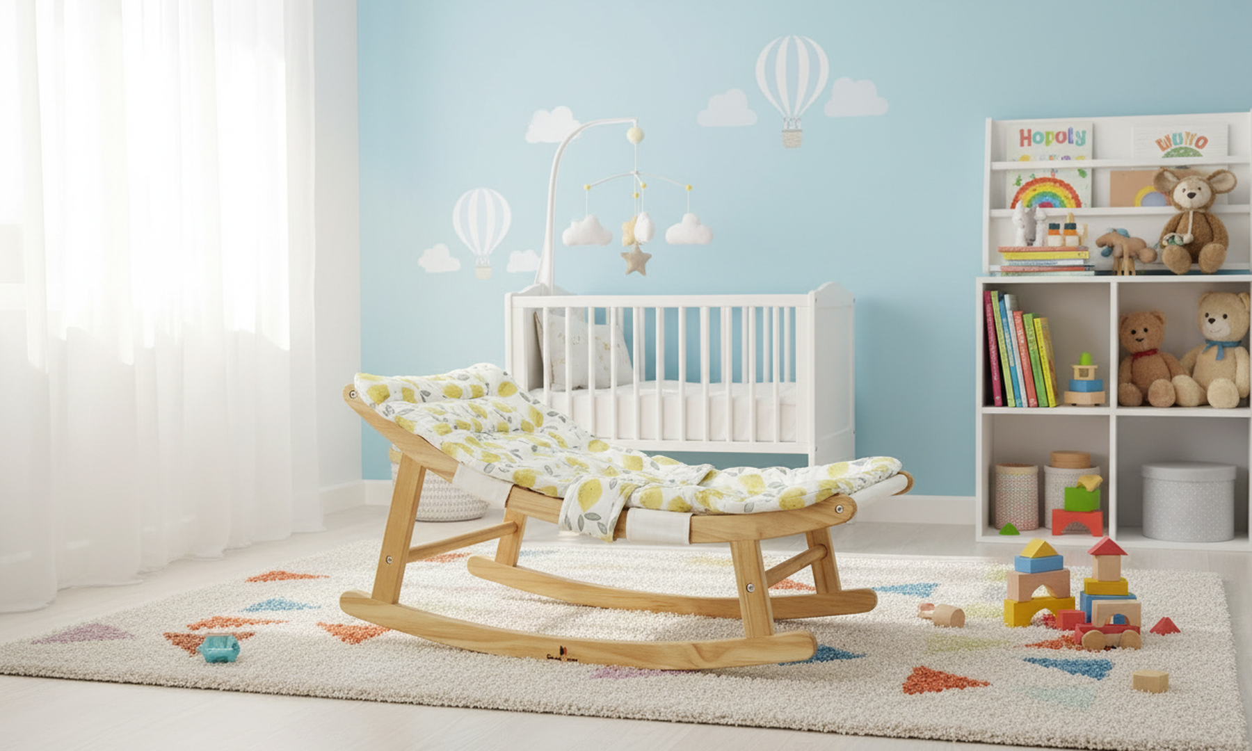 Infant toddler recliner chair with gentle wooden base, soft white cushion, calm nursery setting