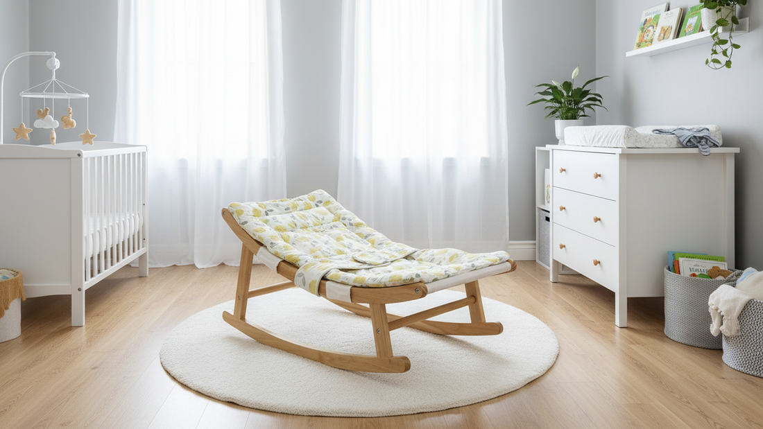 Damoch Family Baby Rocking Lounger with breathable canvas seat and fixed 15° incline, placed on a nursery rug in a bright baby room.