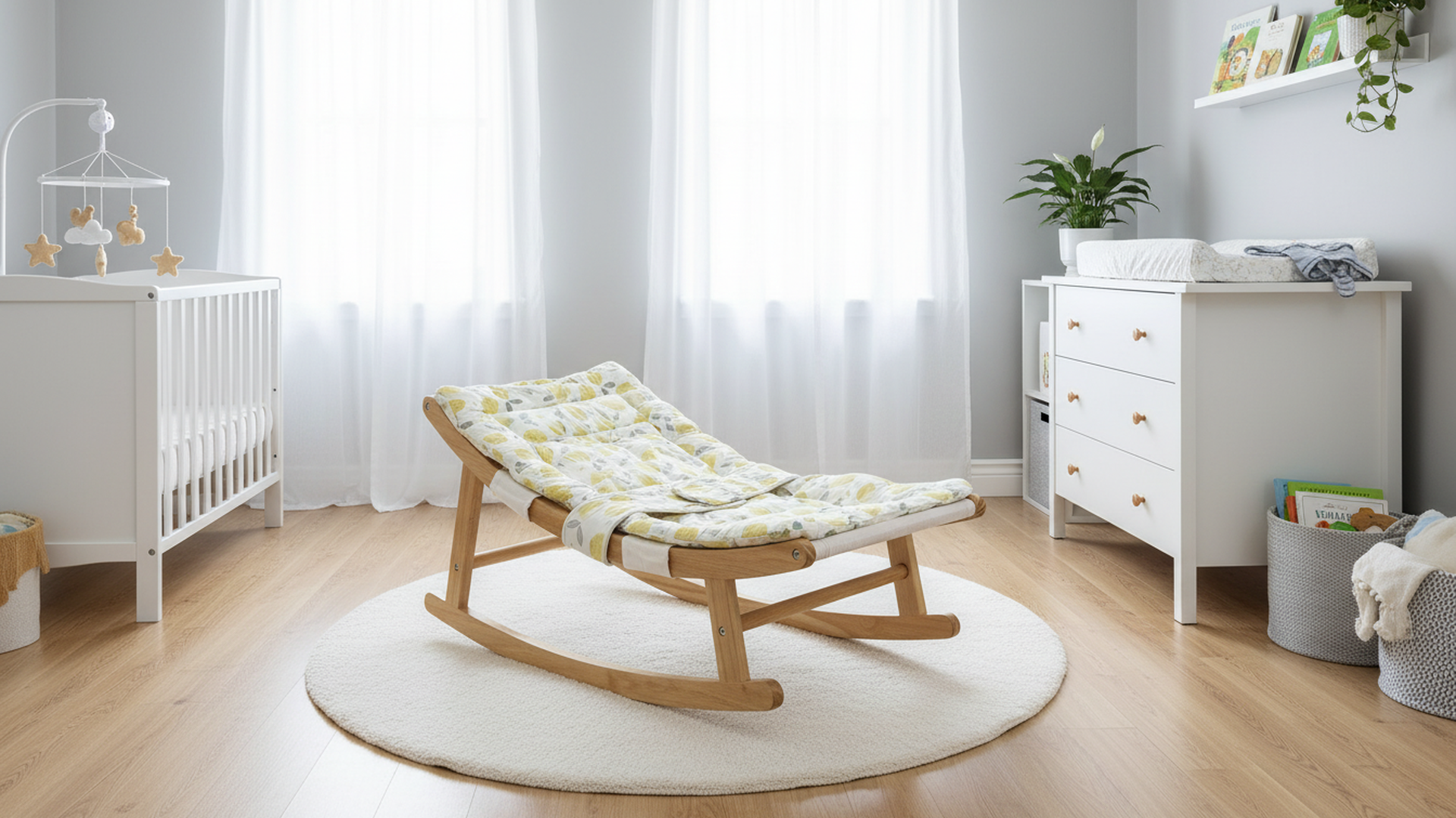 Damoch Family Baby Rocking Lounger with breathable canvas seat and fixed 15° incline, placed on a nursery rug in a bright baby room.