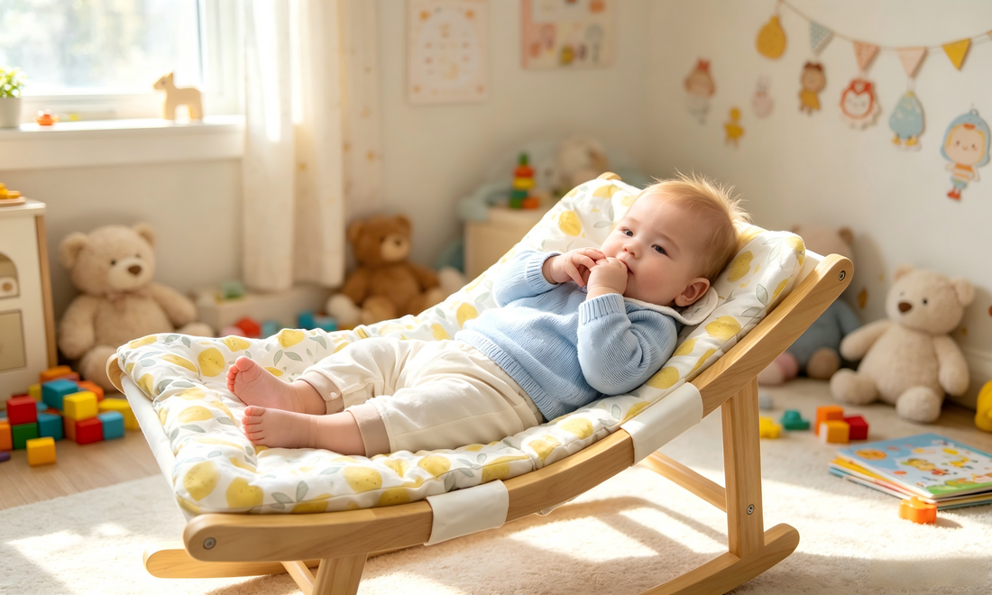 Heavy duty 100 lbs capacity baby rocker with breathable cotton seat and wooden frame for newborns to toddlers