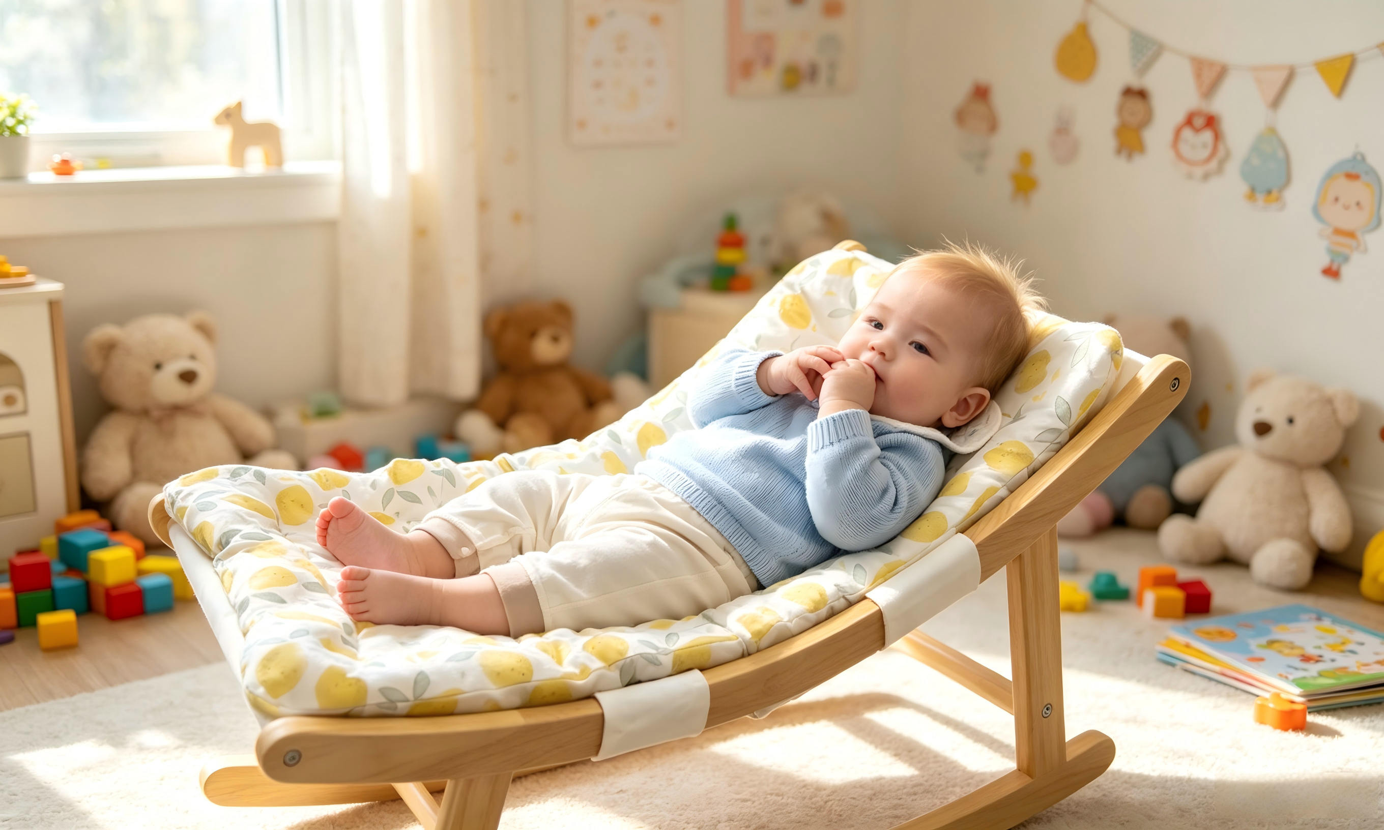 Heavy duty 100 lbs capacity baby rocker with breathable cotton seat and wooden frame for newborns to toddlers