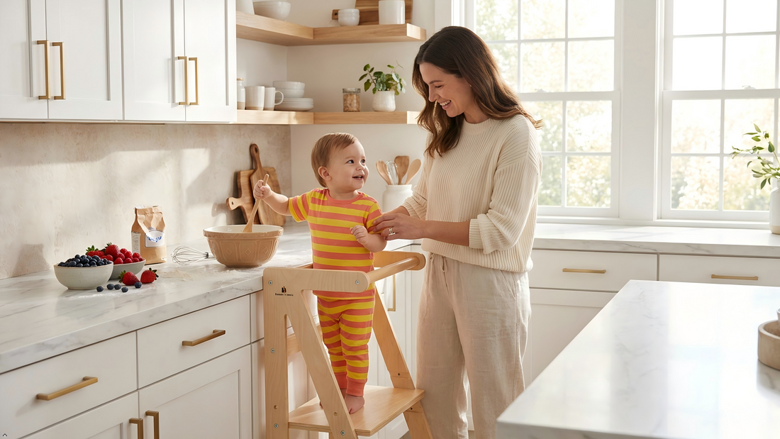 Toddler standing safely on Damoch adjustable kitchen stool at counter with mom