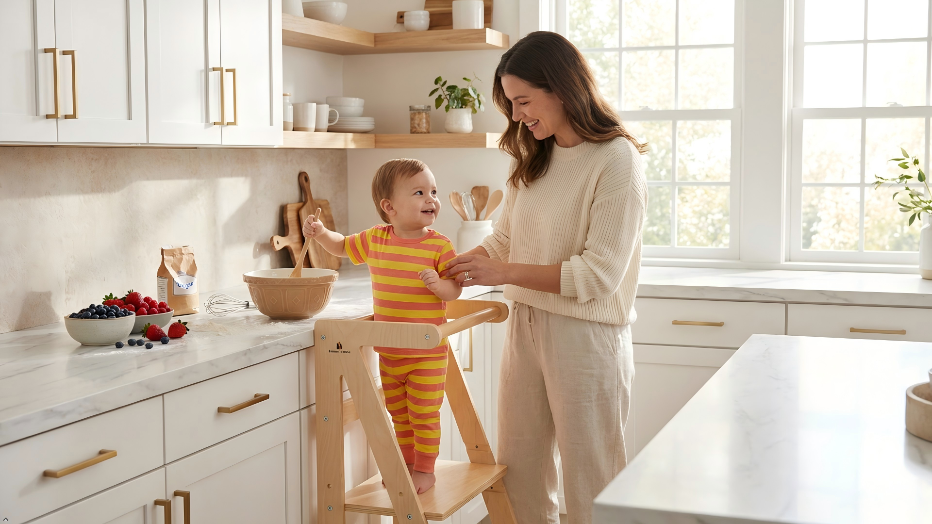 Toddler standing safely on Damoch adjustable kitchen stool at counter with mom