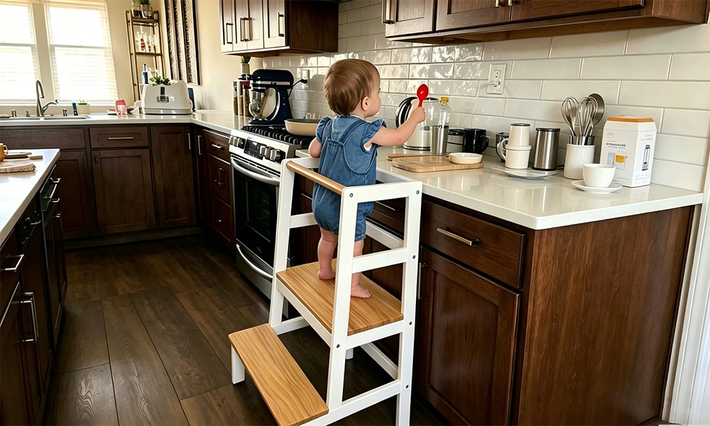 Toddler standing on Montessori-inspired learning helper in kitchen, helping adult mix ingredients at counter