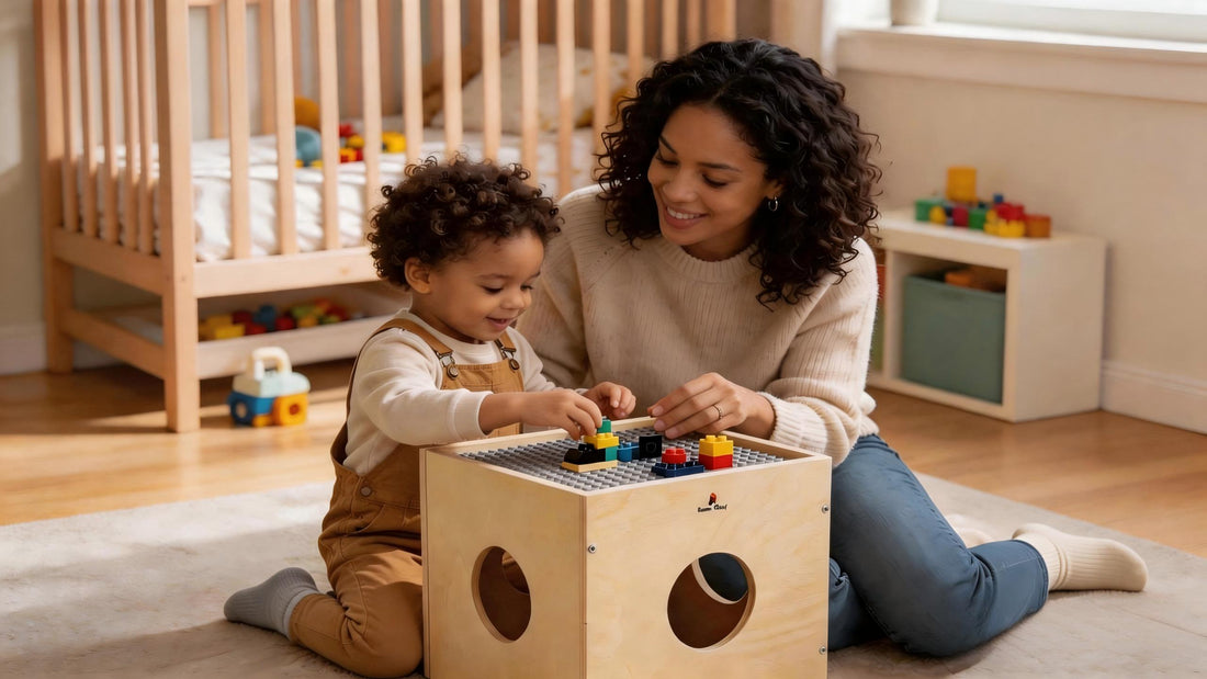Kids and mom playing together with Damoch Family Play Cube and building blocks on the wooden activity table with storage space.