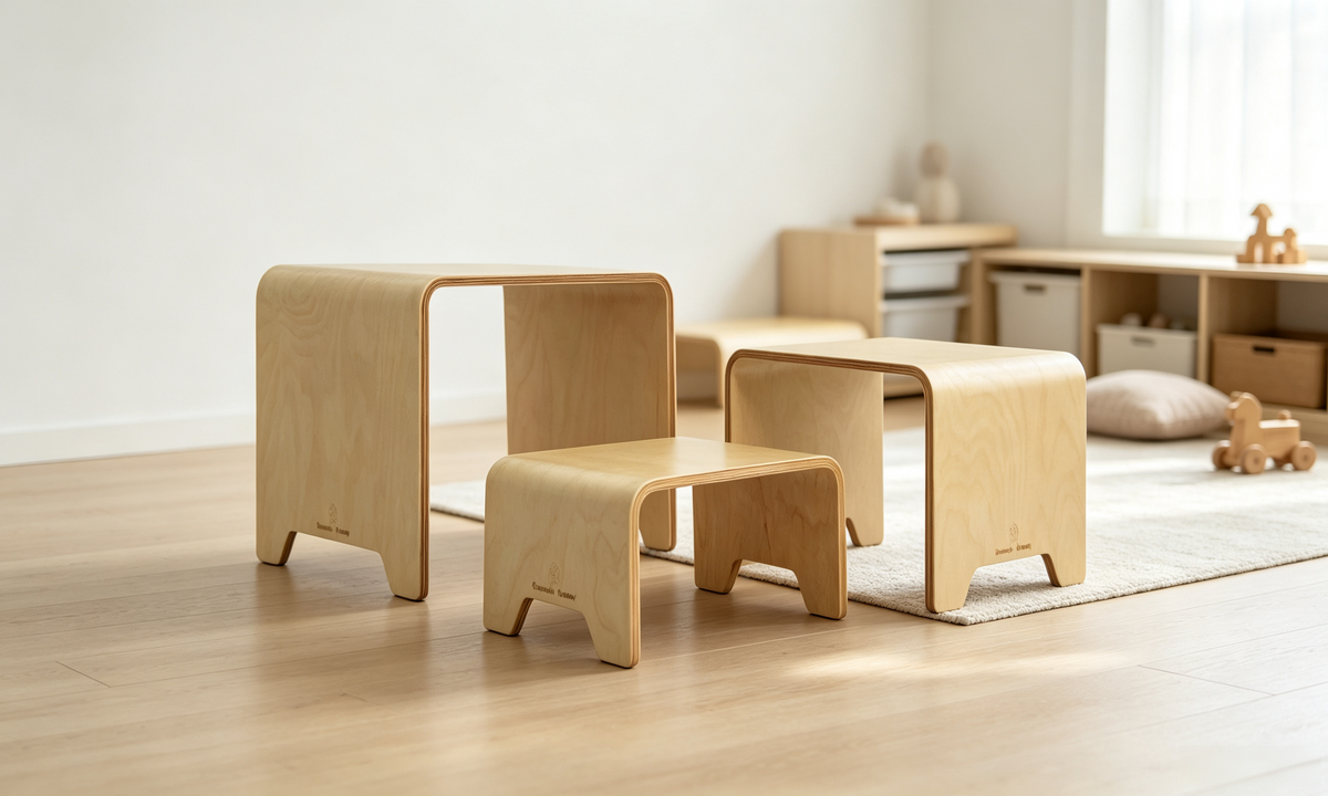 Damoch Family 3-in-1 bentwood kids stool set used as a kitchen helper, reading nook, sensory table, and art station.
