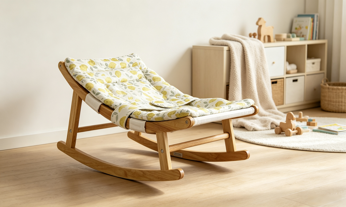 Damoch Family manual baby rocker in a quiet room, offering silent, battery-free soothing without motor noise