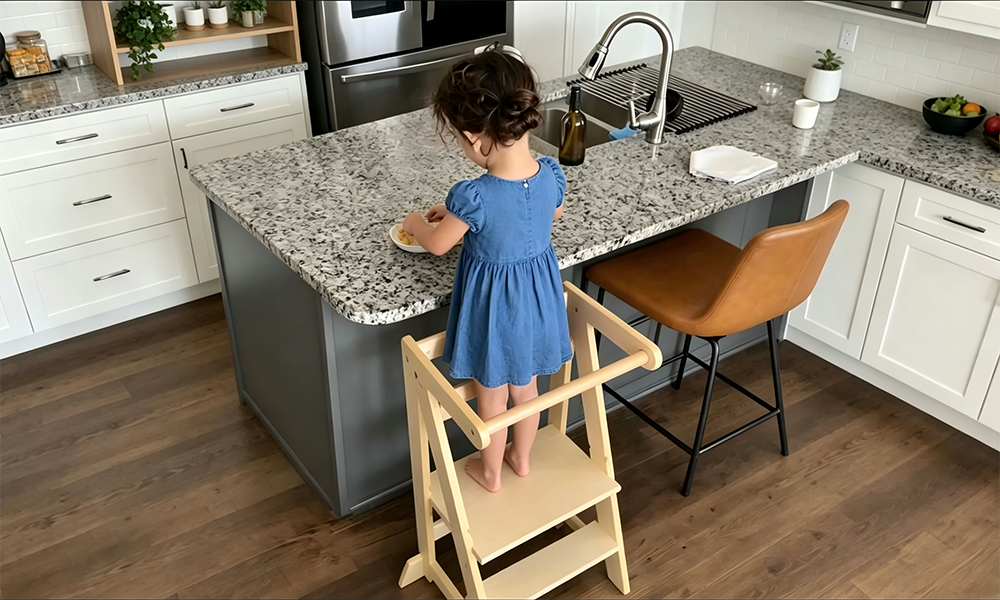 Toddler standing safely at kitchen counter in Damoch Family EIFFEL adjustable wooden learning tower, reaching fruit to help with washing, wide base and high side rails provide stability.