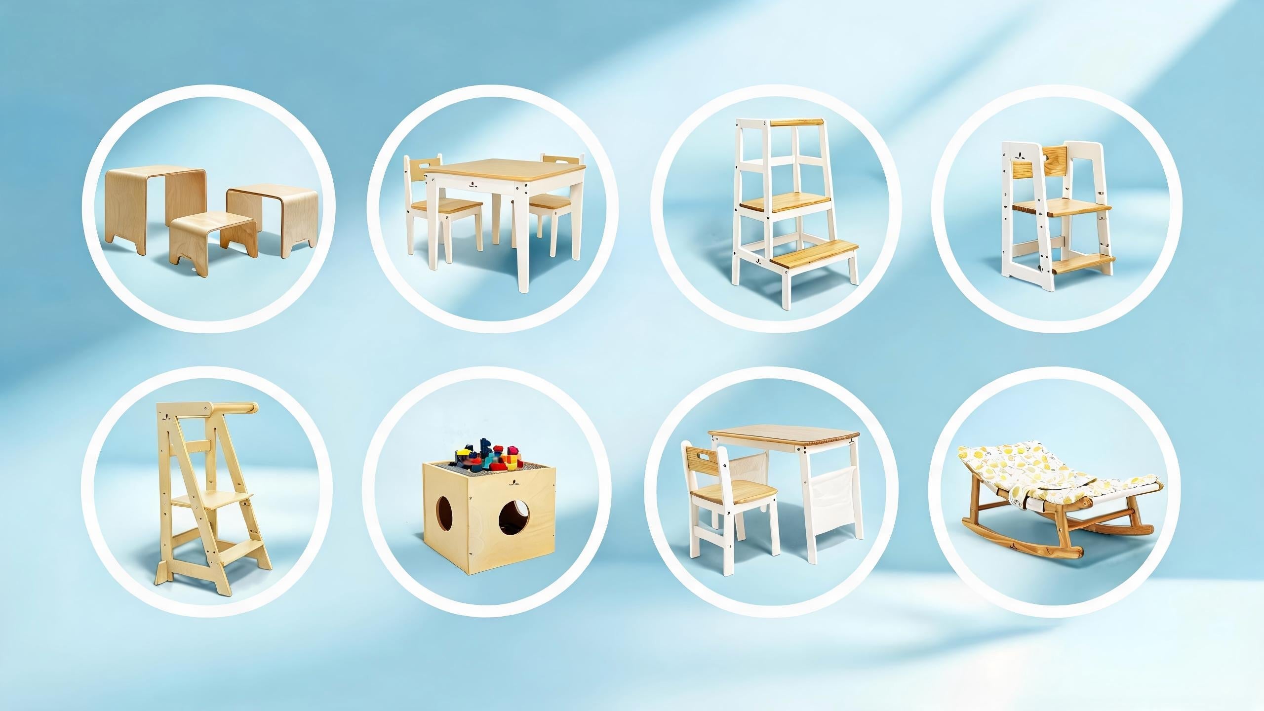 Damoch Family collection showcasing 8 aesthetic wooden toddler furniture pieces in neutral tones, designed for modern, kid-friendly homes.