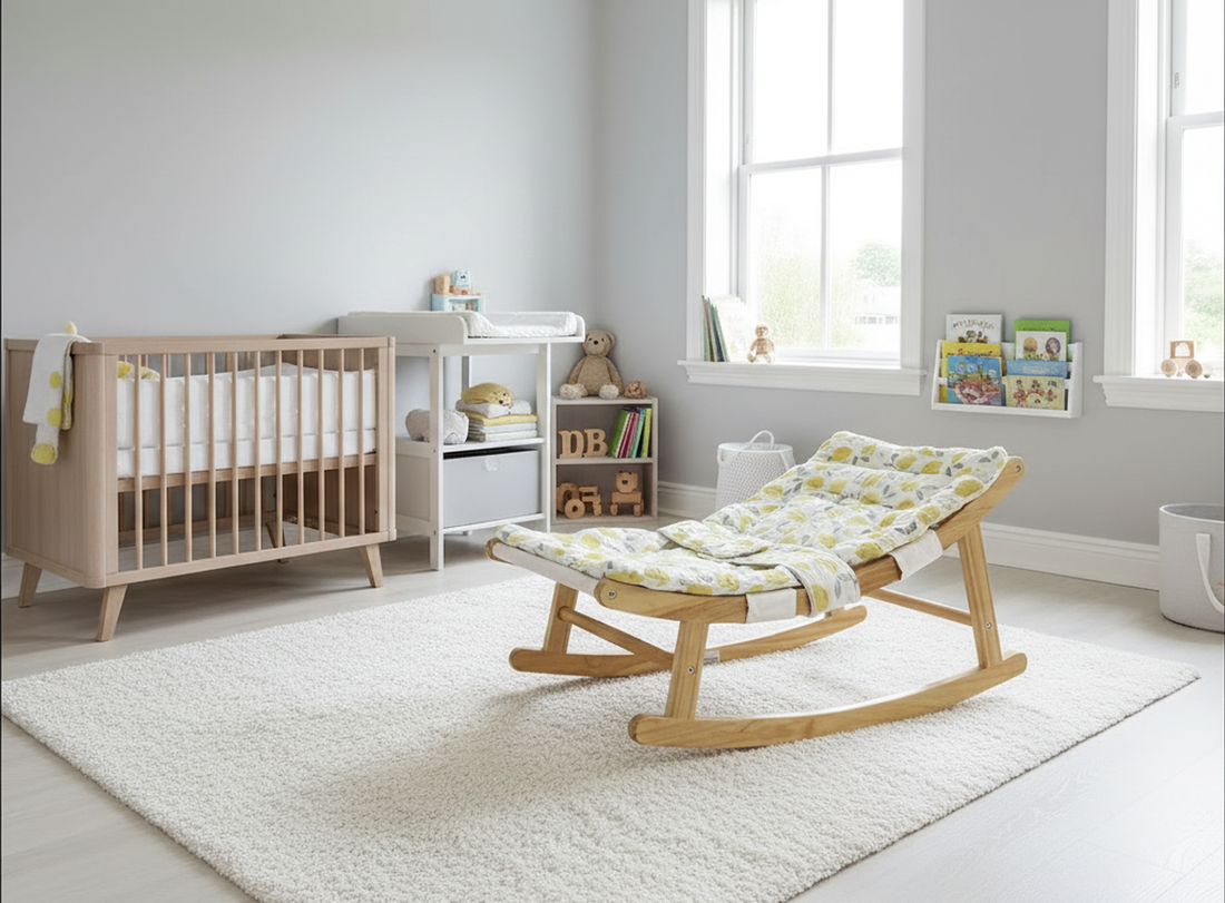 Natural wood baby rocker. Gentle micro-motion. 100% cotton. Heirloom quality. Safe for baby, loved by parents.