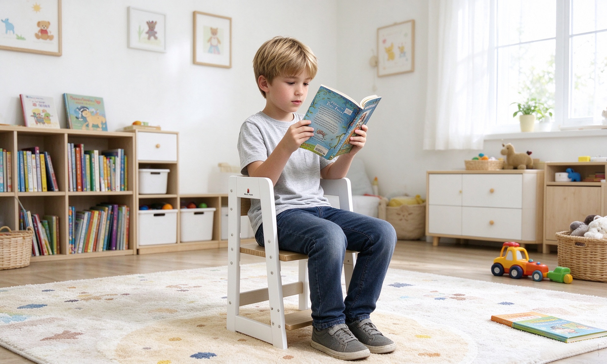 Wooden toddler step stool with non-slip steps and wide trapezoid base in a bathroom, shown for safety checklist reference