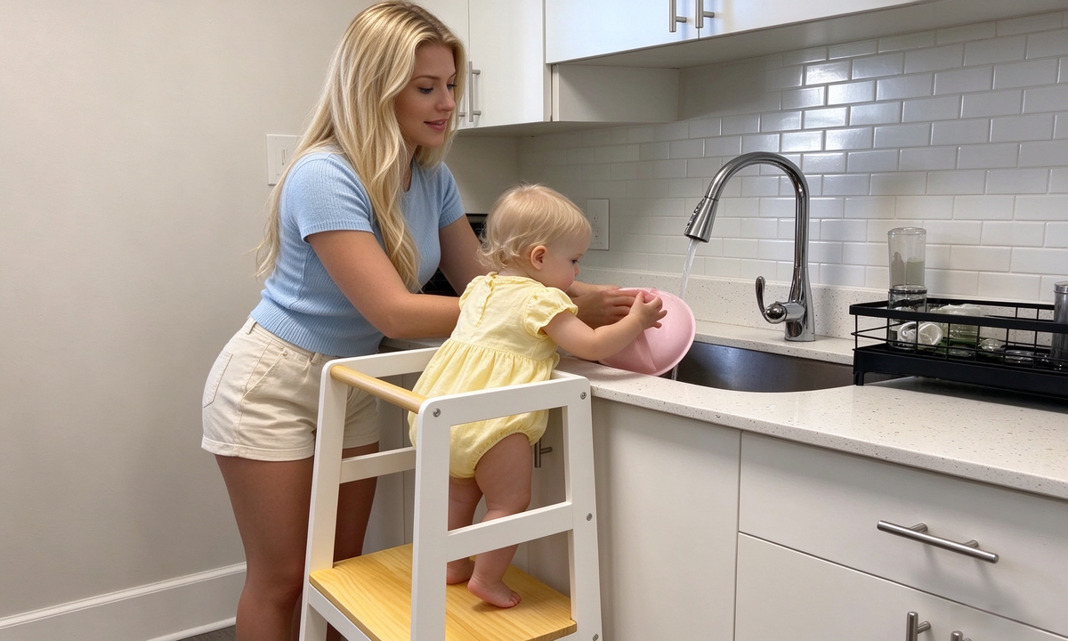 Toddler standing securely in a wooden kitchen helper beside mom, washing dishes at the kitchen counter.