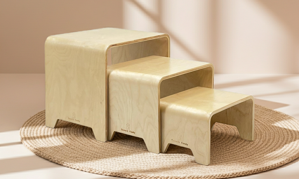 Montessori 3-in-1 kids stool set transforming from toddler step stool to child-sized table and chair for play and learning