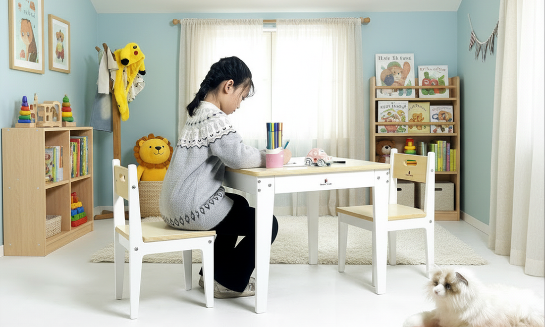 Wooden kids table and chairs set in a bright playroom, designed for toddlers and preschoolers.