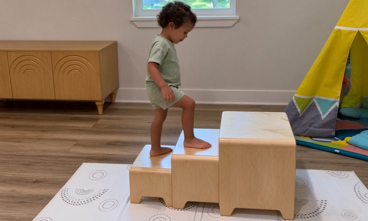 A boy climbing bentwood stools stacked as stairs, showing safe, durable Montessori furniture for kids