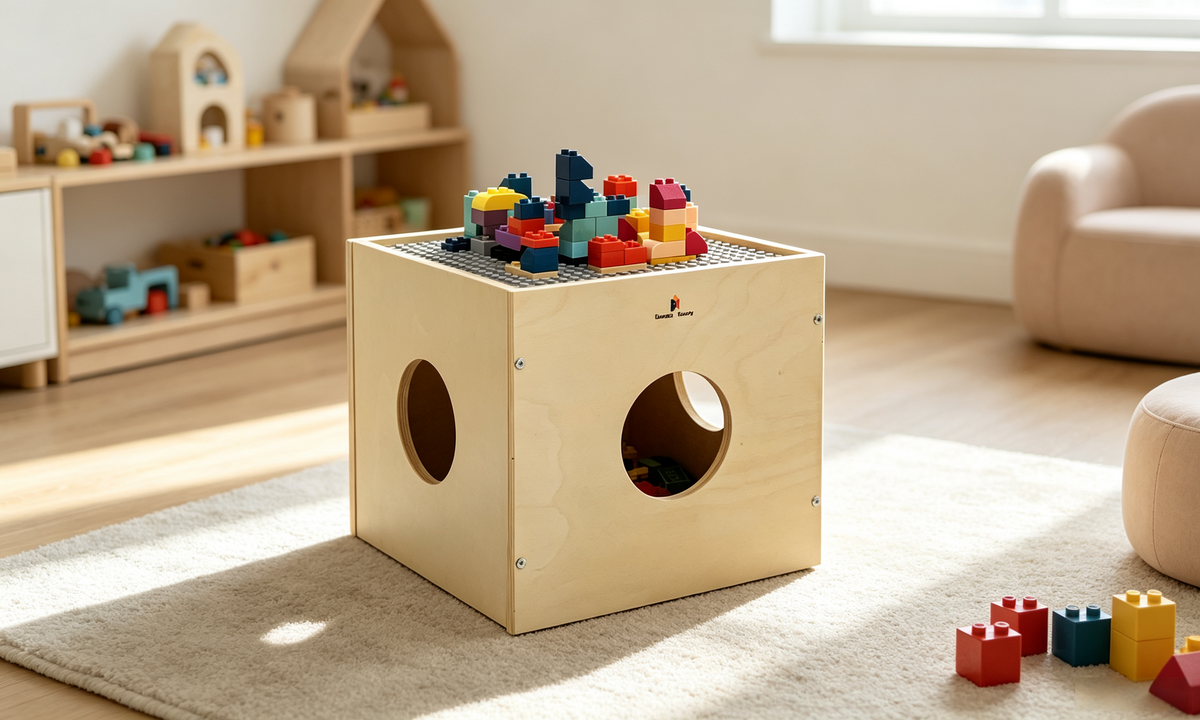 Wooden play cube with building block base plate, free blocks on top, convertible tabletop for creative STEM play.