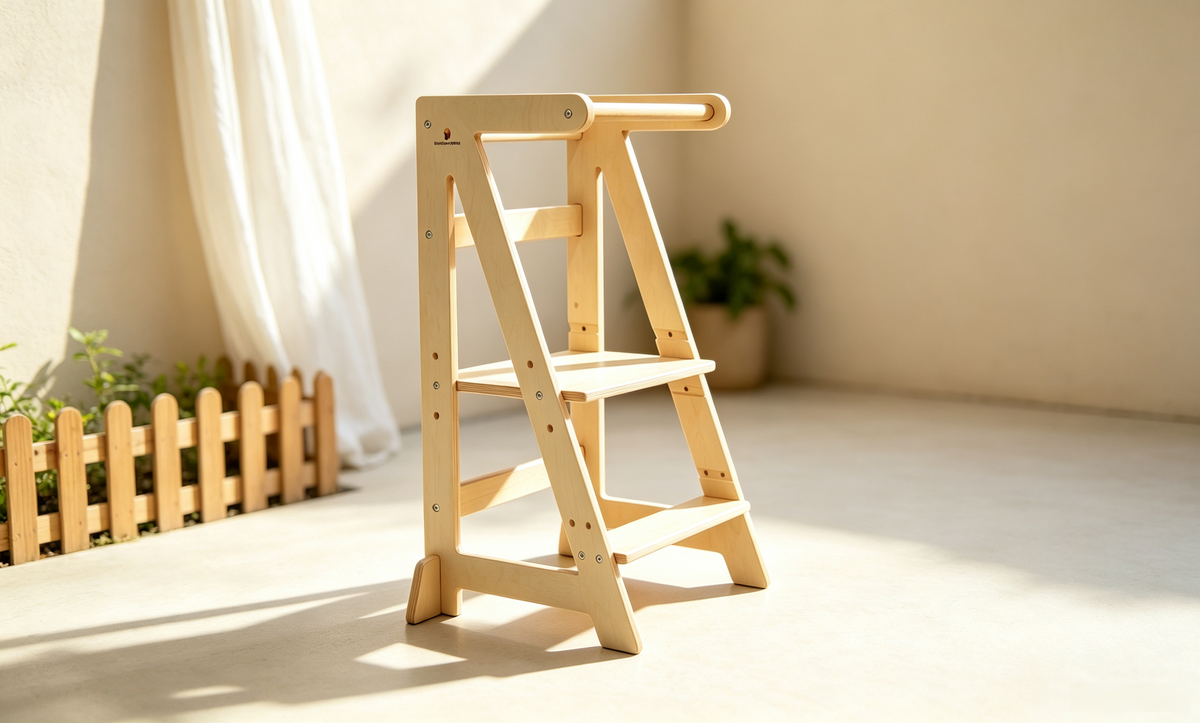 Wooden adjustable learning tower in a kitchen, highlighting its stable wide base and non-slip feet.