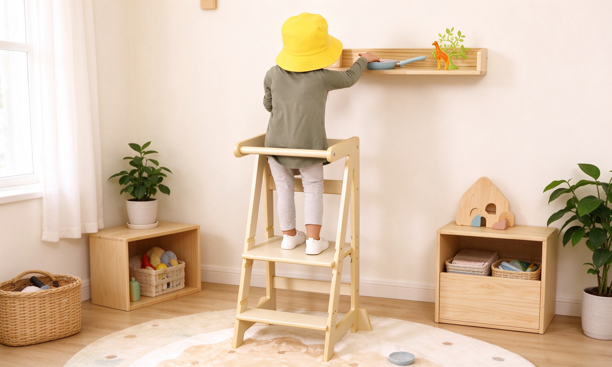 Adjustable wooden kids kitchen step stool with three height settings and sturdy side rails by Damoch Family.