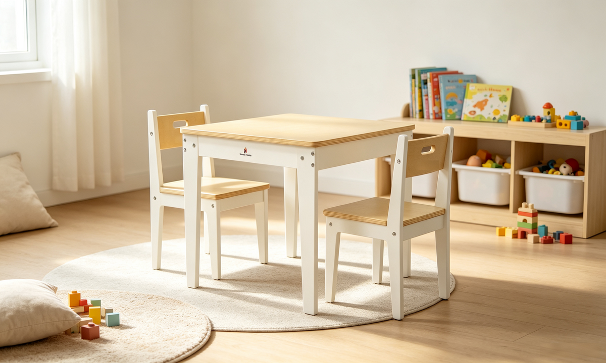 Damoch Family kids table and chairs set with a wipe-clean surface, used for play, arts and crafts, snacks, and study.