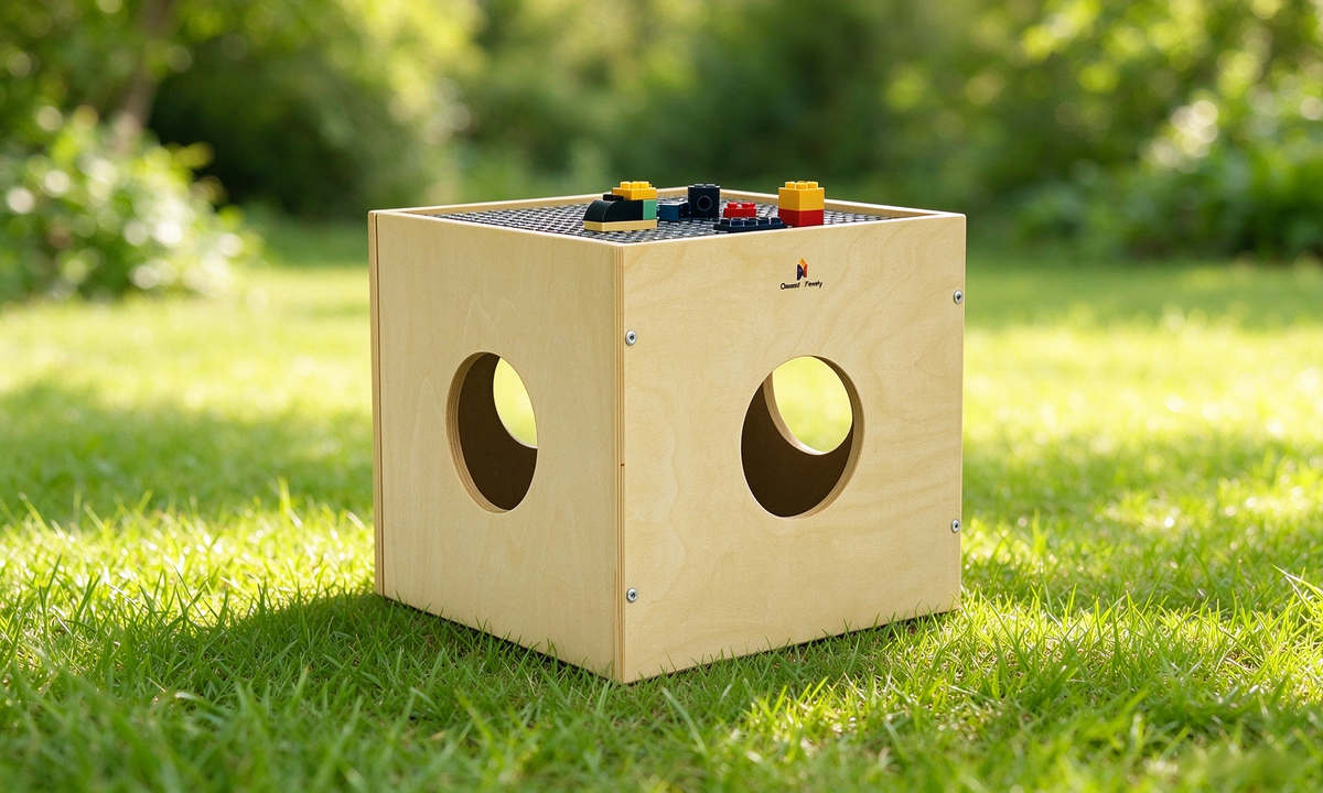 Birch plywood play cube with circular cat tunnel openings, offering a cozy cat hideaway and stable play table. 