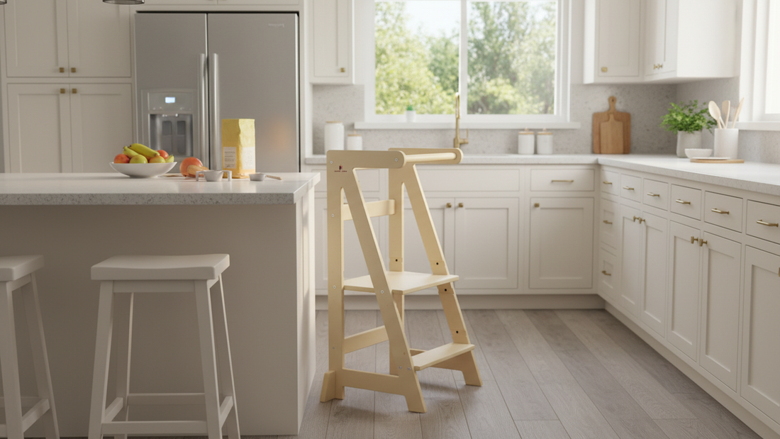 Wooden kids step stool placed next to a kitchen counter, designed for toddlers to help with cooking