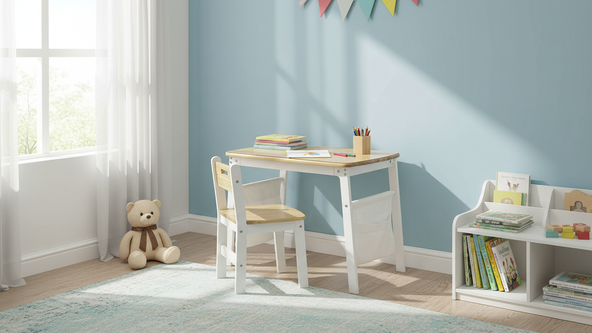 Damoch Family wooden desk and chair set in a home learning corner with storage bags and art supplies