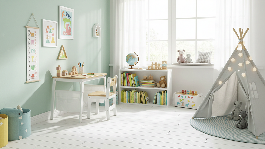 A wooden kids desk and chair set in a bright, pastel-colored children’s room with bookshelves, toys, wall art, and a teepee play tent near large windows.